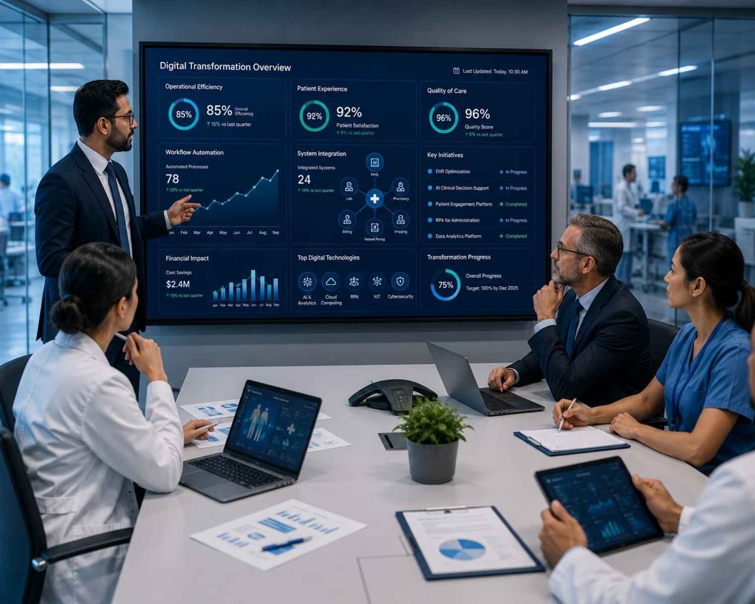 Digital Transformation
We help healthcare organizations modernize operations through digital transformation strategies, workflow automation, system integration, and intelligent technologies that improve efficiency, quality, and patient care.